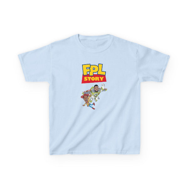 Light blue t-shirt with 'FPL Story' graphic on a white background