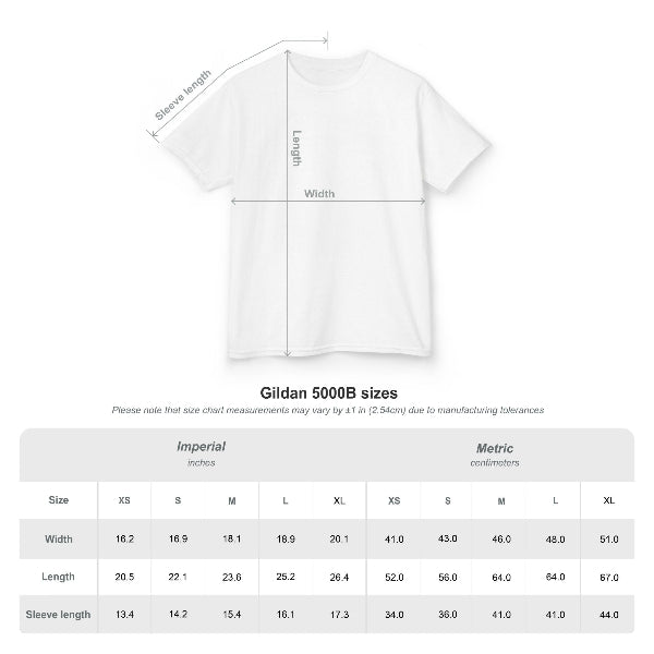 White t-shirt with measurement chart on a white background