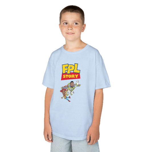 Child wearing a light blue t-shirt with a colorful graphic and text on a white background
