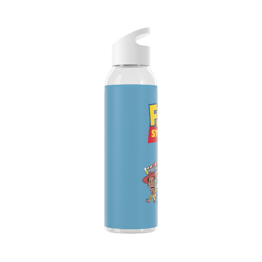 Water bottle with a blue sleeve featuring a character design on a white background