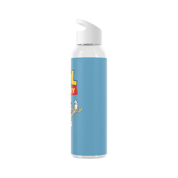 Water bottle with a blue design featuring a cartoon character on a white background
