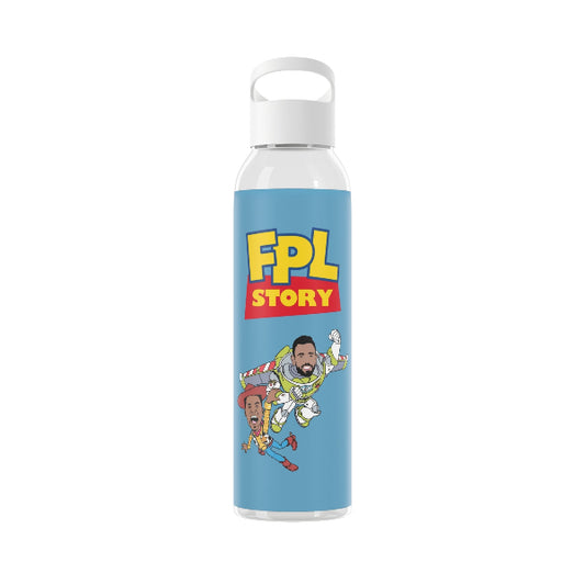 Water bottle with 'FPL Story' and cartoon characters on a blue background