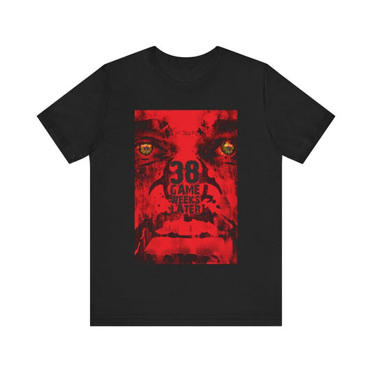 Black FPL t-shirt with 38 Gameweeks Later design inspired by 28 Days Later