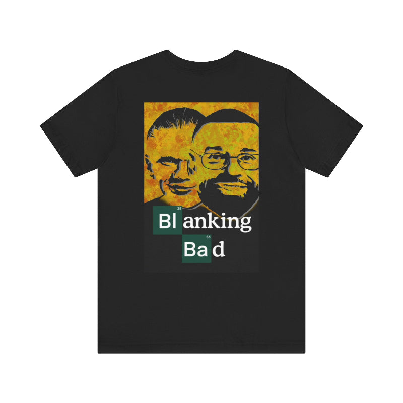 Black t-shirt with graphic design of two faces and text on a white background