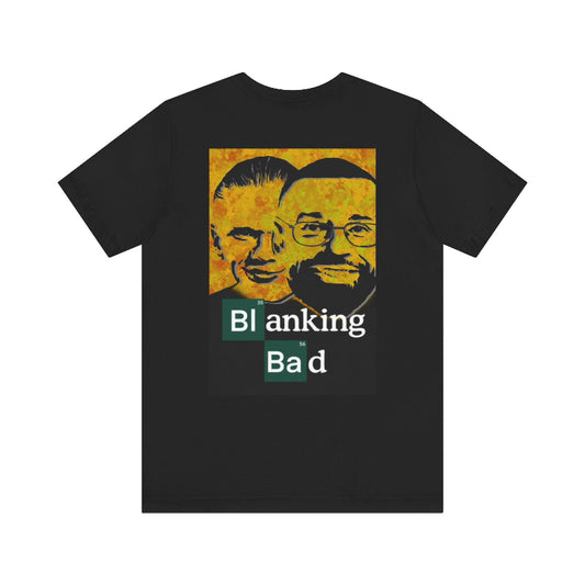 Black t-shirt with graphic design of two faces and text on a white background