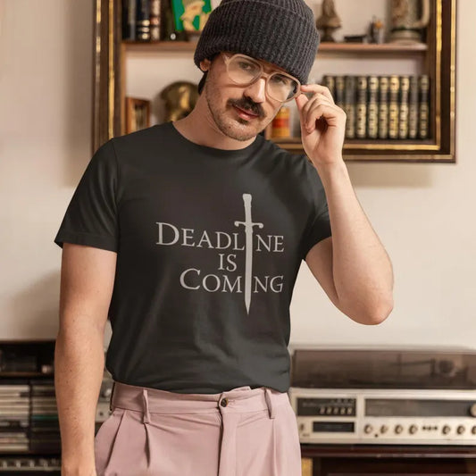 Man wearing black FPL t-shirt with Deadline Is Coming design inspired by Winter Is Coming