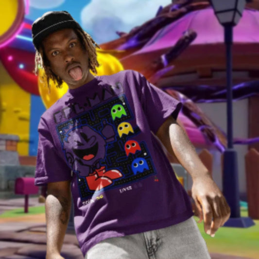 Person wearing a purple t-shirt with colorful graphics in a vibrant, cartoon-like setting