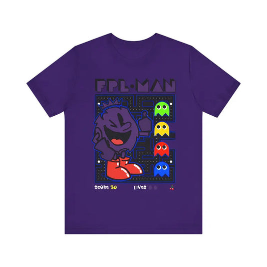 Purple FPL t-shirt with FPL Man design inspired by Pac Man