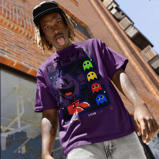 Man wearing purple FPL t-shirt with FPL Man design inspired by Pac Man