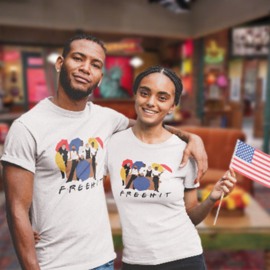 couple wearing free hit t shirts in central perk