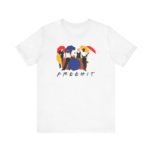 White t-shirt with colorful graphic and 'FREEHIT' text on a white background