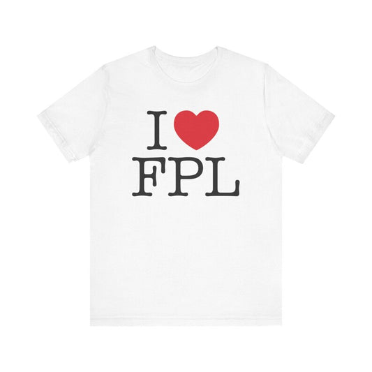 White FPL t-shirt with I Love FPL design inspired by I Love NY