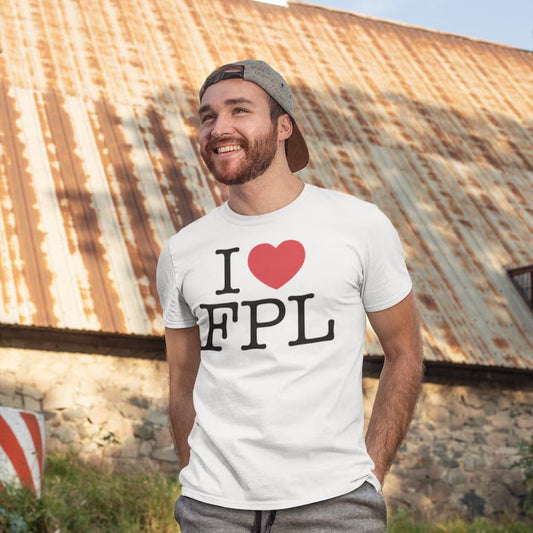 Man wearing white FPL t-shirt with I Love FPL design inspired by I Love NY