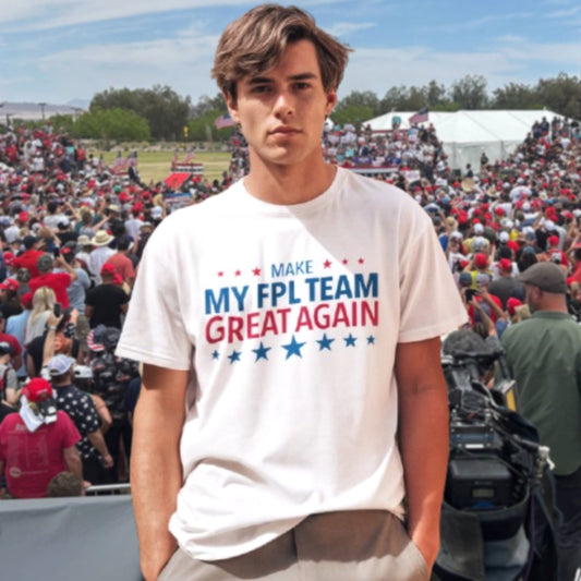 Person wearing a white t-shirt with 'Make My FPL Team Great Again' text at a political rally.