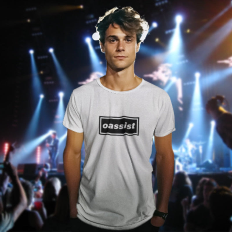 Person wearing a white t-shirt with 'oassist' logo at a concert with bright lights and stage.