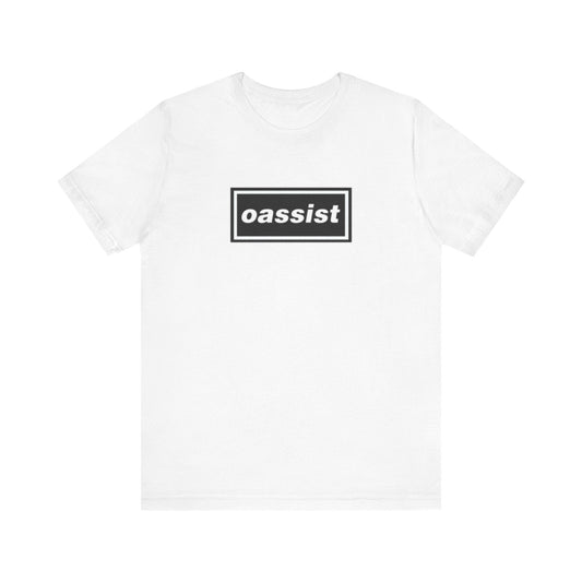 White t-shirt with 'oassist' logo on a white background