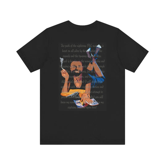 Black t-shirt with a graphic design of a person holding tools on a white background