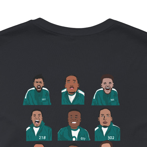 Green t-shirt with cartoon illustrations of a man in a green jacket on a white background