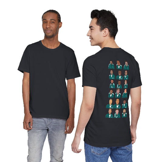 Two men wearing dark green t-shirts, one plain and one with a pattern of smaller images on the back.