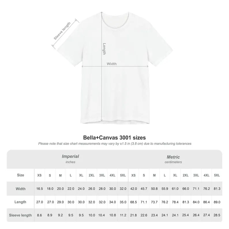 White t-shirt with measurement chart for Bella+Canvas 3001 size chart on a white background