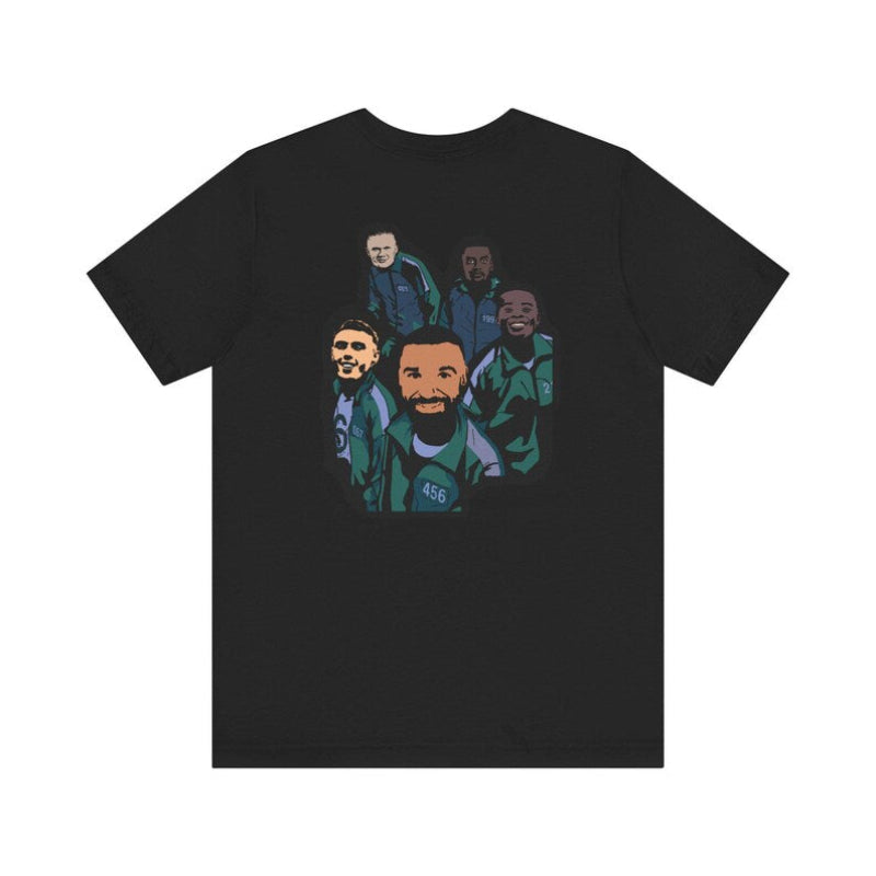 Black t-shirt with graphic of five men in green jackets on a white background