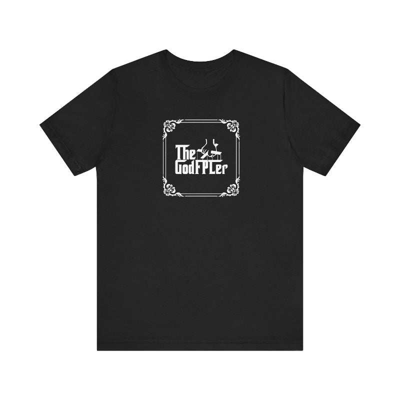 Black t-shirt with white logo and text on a white background