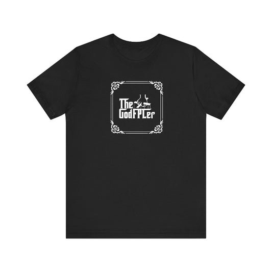 Black t-shirt with white logo and text on a white background