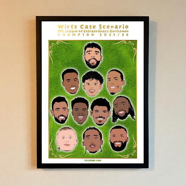 Framed poster with illustrations of men's faces on a green background