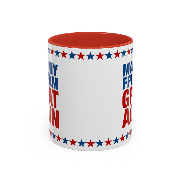 White mug with red interior, blue and red text, and star border on a white background