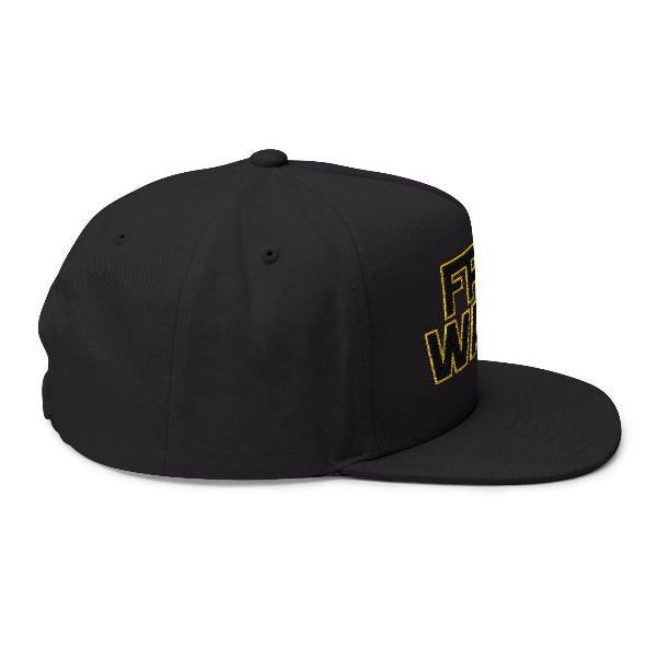Black cap with a yellow logo on a white background