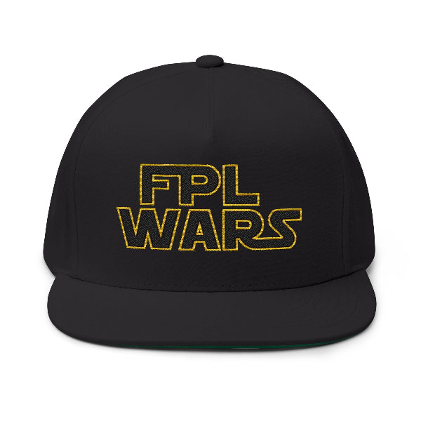 A black flat-brim baseball cap featuring the text 'FPL WARS' embroidered on the front in a yellow outline font reminiscent of the Star Wars logo, shown against a plain white background.
