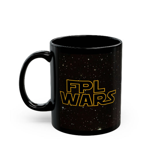 Black mug with yellow text on a white background