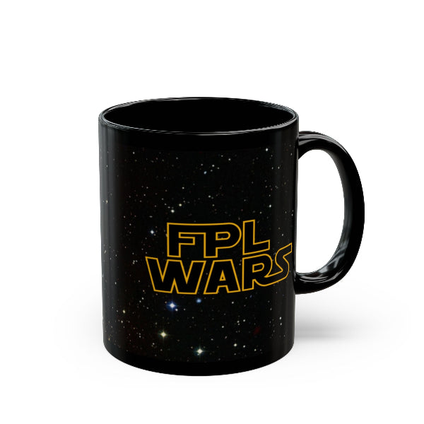 Black mug with 'FPL Wars' text on a white background