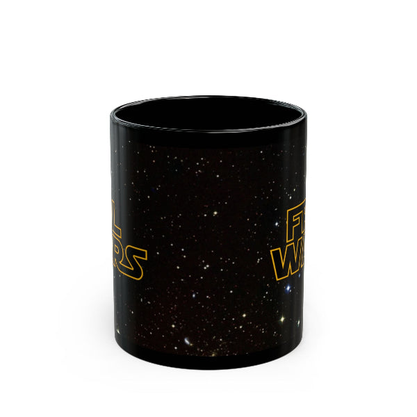 Black mug with starry design and 'Star Wars' text on a white background