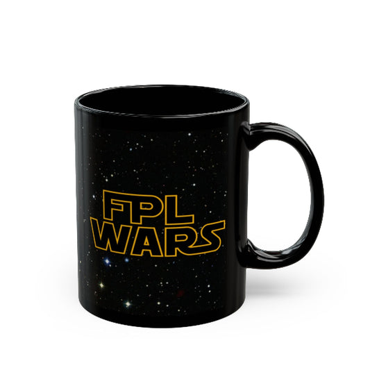 Black mug with 'FPL WARS' text on a white background