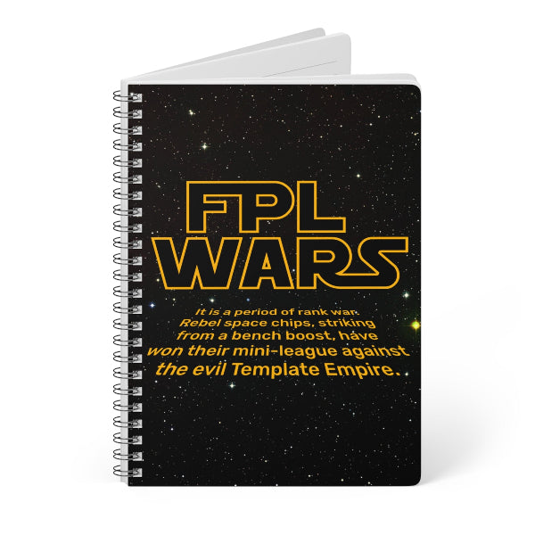 Notebook with 'FPL Wars' design on a black cover with star pattern