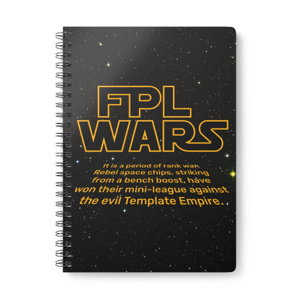 Notebook with 'FPL Wars' design on a black background