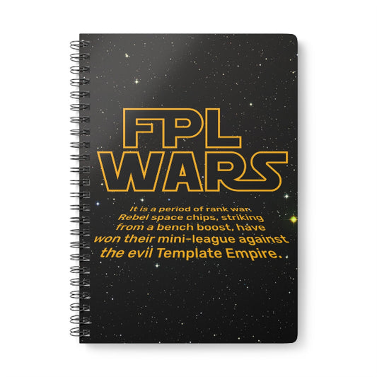 Notebook with 'FPL Wars' design on a black background