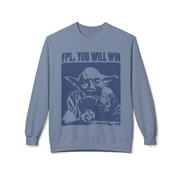 A light blue crewneck sweatshirt featuring a dark blue graphic of Yoda with the text 'FPL, YOU WILL WIN' printed above it, displayed on a clean white background.