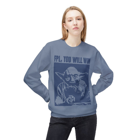 A woman modeling a slate blue crewneck sweatshirt with a dark blue graphic of Yoda and the text 'FPL, YOU WILL WIN'.