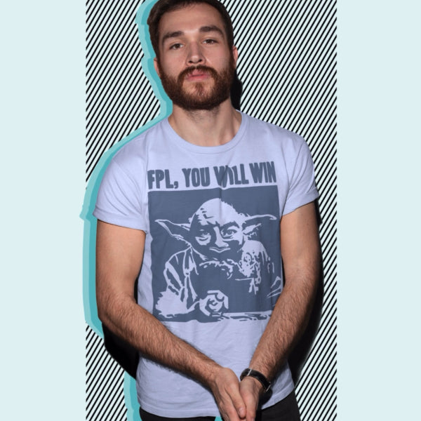 FPL Wars lavender blue t-shirt with Yoda and the line FPL, you will win, Fantasy Premier League gift