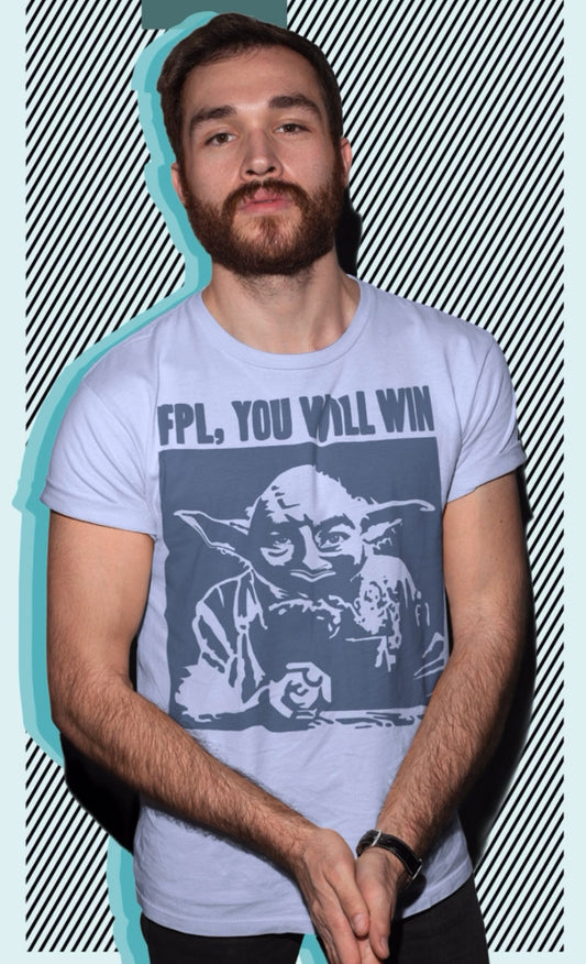 A man wearing a light blue graphic t-shirt with a dark blue print of Yoda and the text 'FPL, YOU WILL WIN'. The background is a graphic pattern of black and white diagonal stripes with a teal outline.