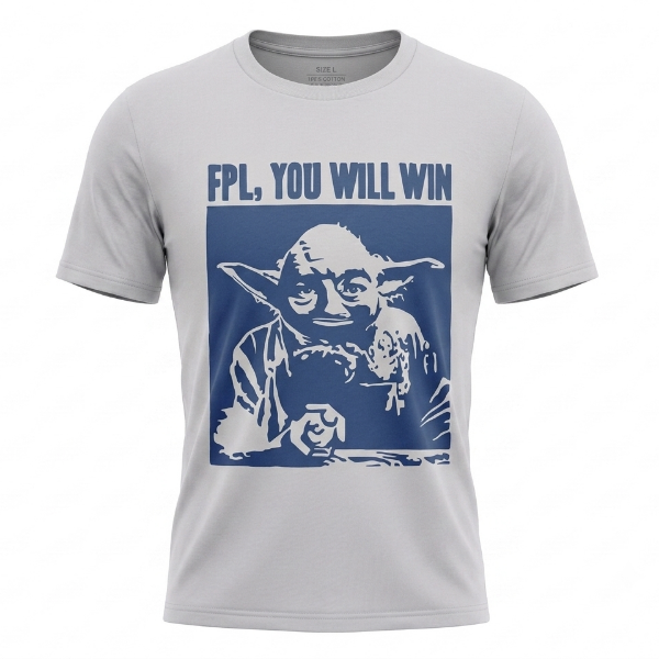 A light gray crewneck t-shirt featuring a blue graphic print of Yoda pointing with the text 'FPL, YOU WILL WIN' above it, displayed on a clean white background.