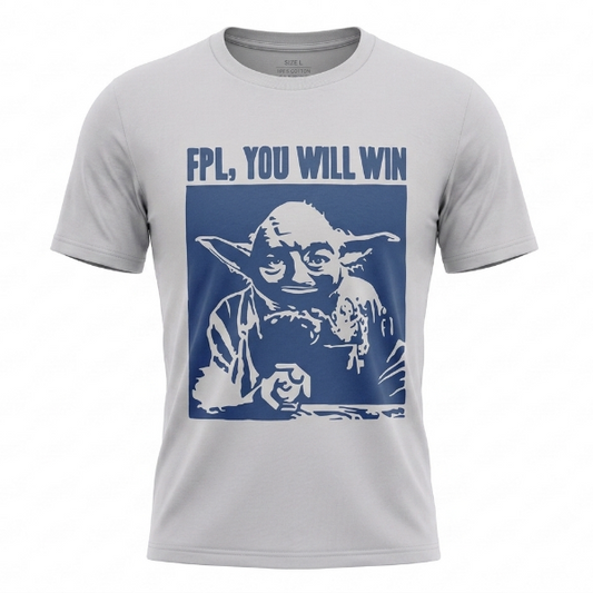 A light gray crewneck t-shirt featuring a blue graphic print of Yoda pointing with the text 'FPL, YOU WILL WIN' above it, displayed on a clean white background.