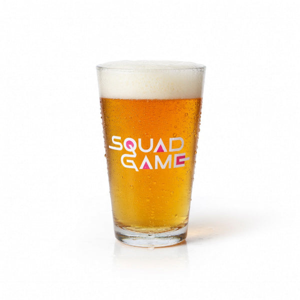 Pint glass with 'Squad Game' text filled with beer on a white background