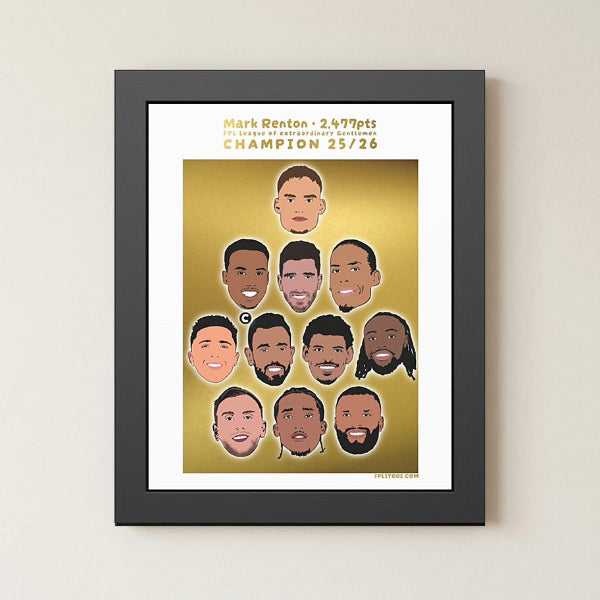 Framed print with illustrations of a sports team on a gold background