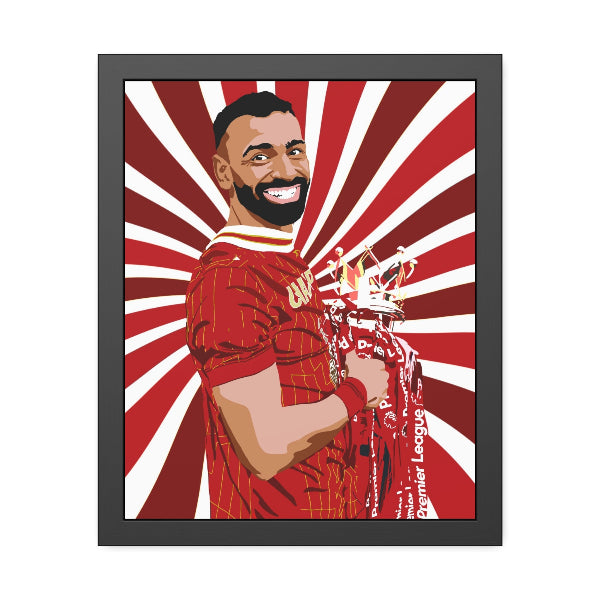Framed artwork of a man in a red sports jersey with a red and white abstract background