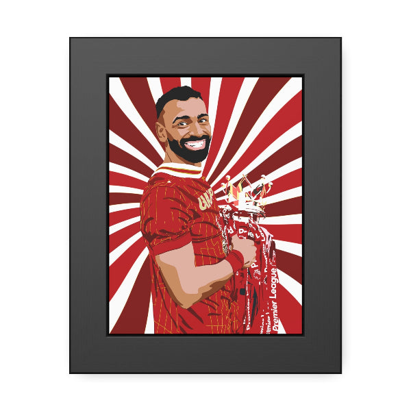 Framed artwork of a person in a red sports jersey holding a trophy against a red and white radial background.