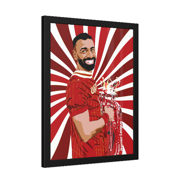 Framed artwork of a man in a red sports jersey with a red and white abstract background.