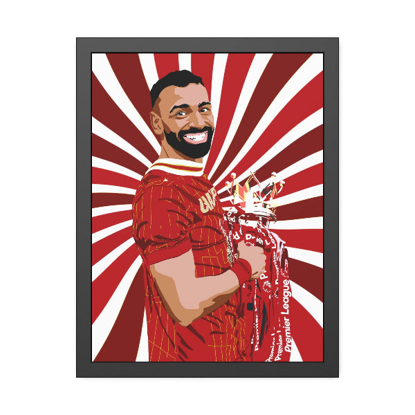 Framed artwork of a person in a red sports jersey with a trophy against a red and white radial background.